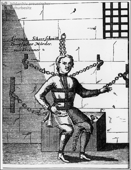 Three-time Murderer and Arsonist Lorentz Scheerschmidt in Neck, Hand, and Foot Irons (18th Century)